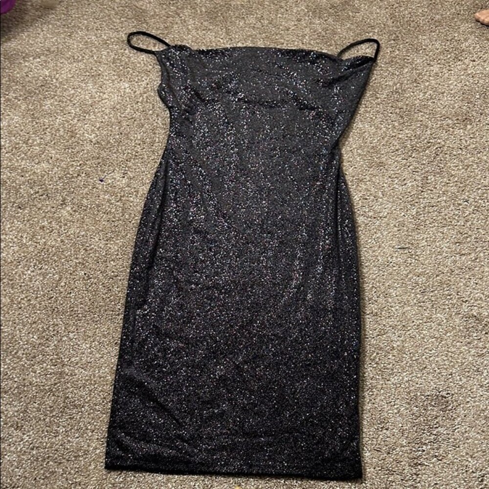 NEW Iris Elegant Black Glitter Dress knee length cowl neck spaghetti strap SZ M - Picture 2 of 11